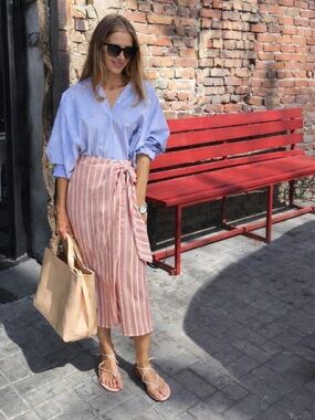 Club Monaco Linen Wrap Midi Skirt Red White Stripe Tie Waist Size 00